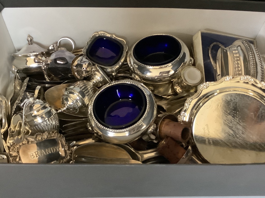 A Mappin Brothers engraved plated oval biscuit barrel with swan finial and a quantity of plated flatware, cased and loose, condiment sets and sundries